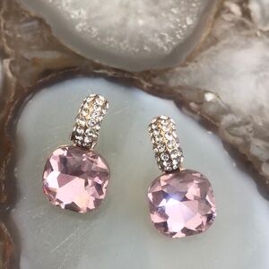 Pink Cushion Cut Crystal Pavé 1/2 Hoop Earrings-Boutique